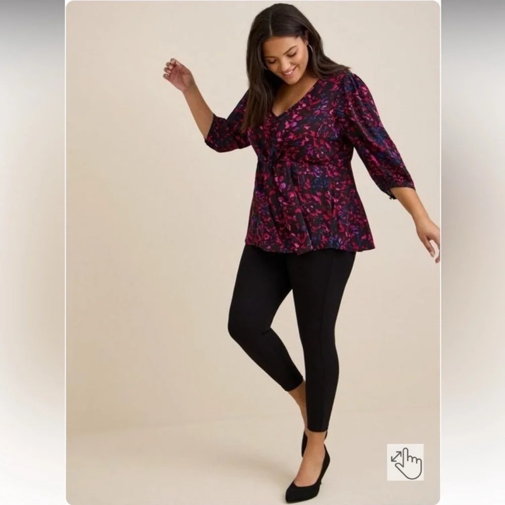 Torrid Peplum Georgette Tie Front Leopard Print  Blouse Plus Size 2X Black Pink - Picture 3 of 14